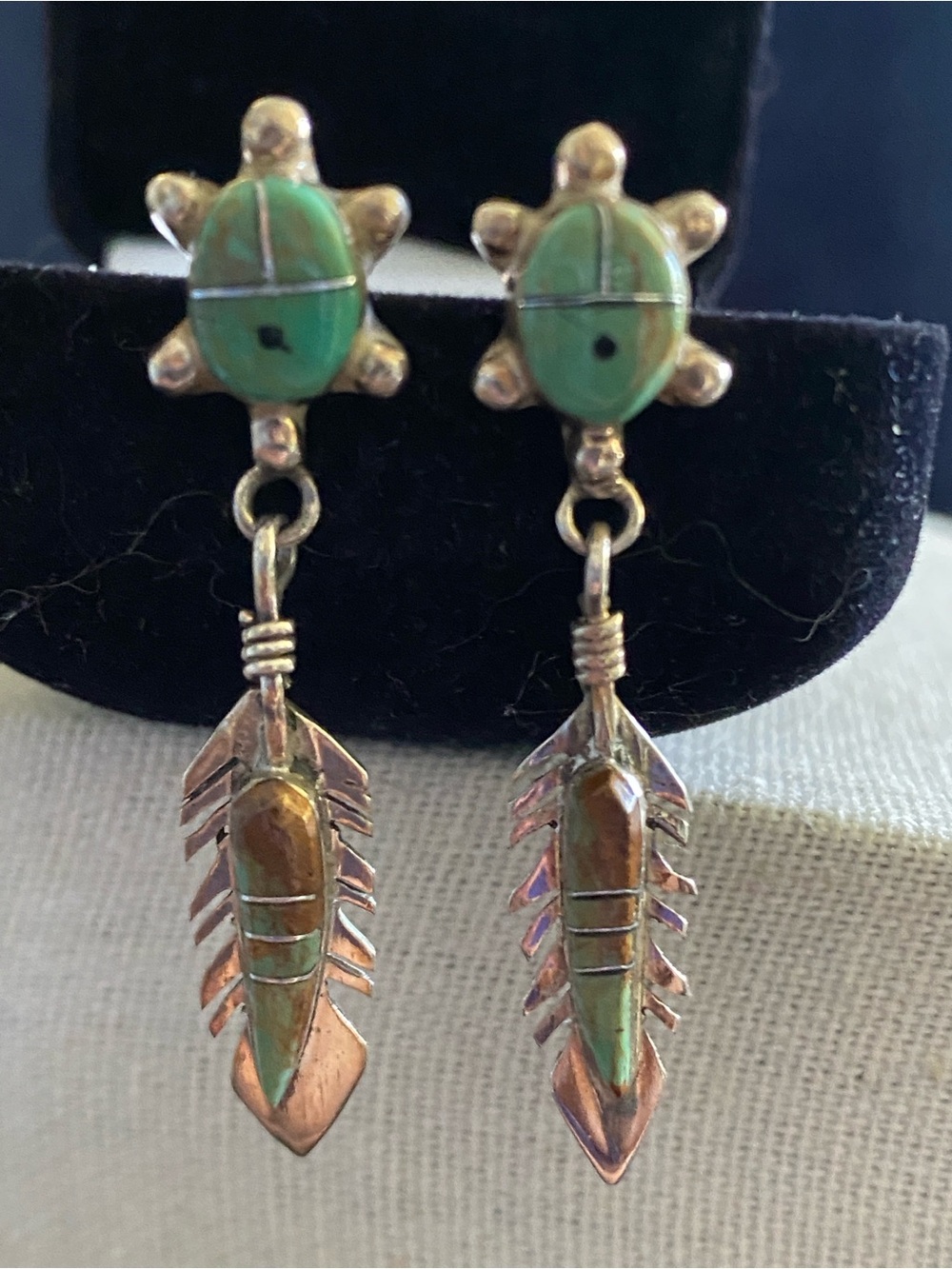 Authentic Zuni Fred Weekoty Green Turquoise Turtle Earrings
